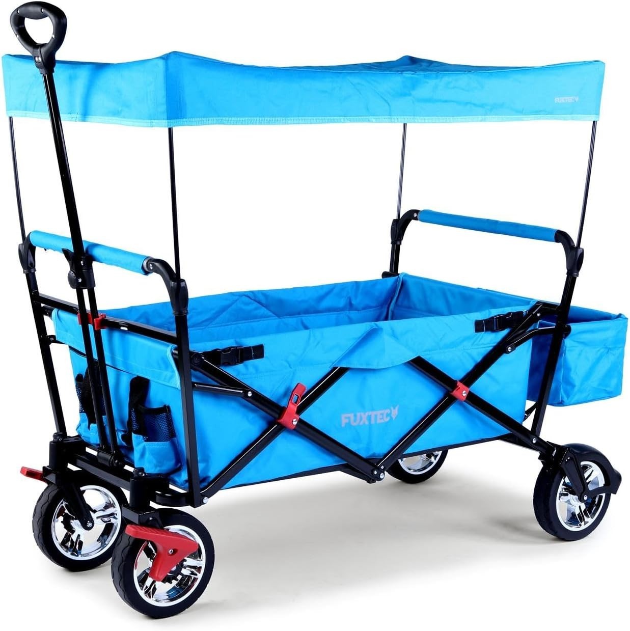 Blue Kids Folding Wagon Push Pull Stroller Cart w/ Canopy & Storage Bag