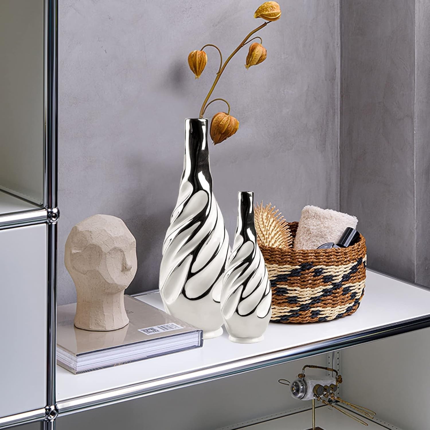 Silver Ceramic Vase Set 2 Modern Pampas Grass Table Living Room Decor
