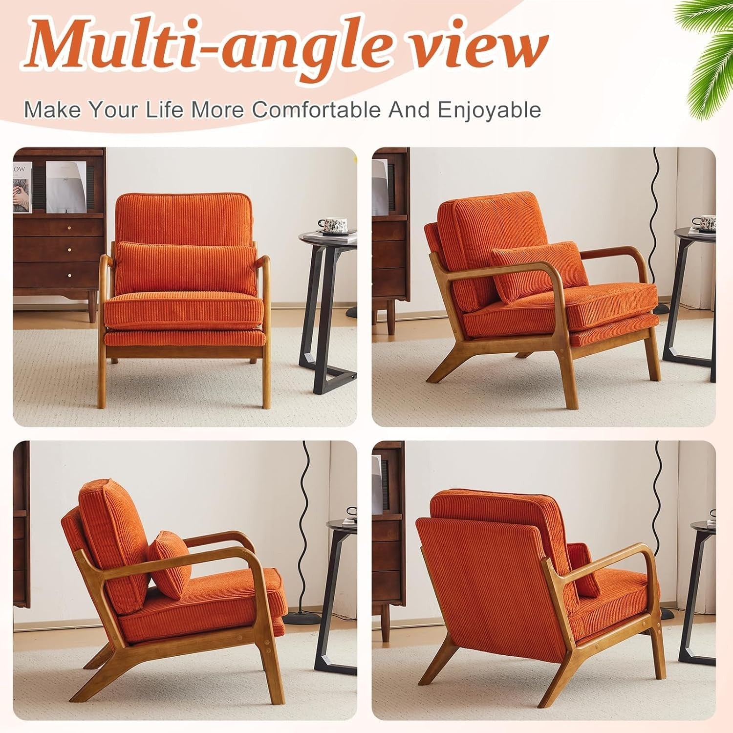Orange Corduroy Accent Armchair Solid Wood Lounge Chair w Cushion