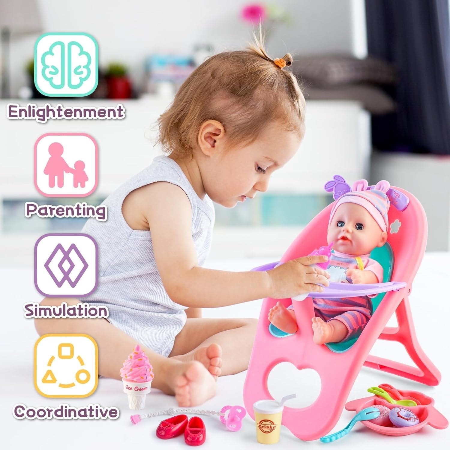My First Baby Doll Playset w Crib High Chair Feeding Accessories