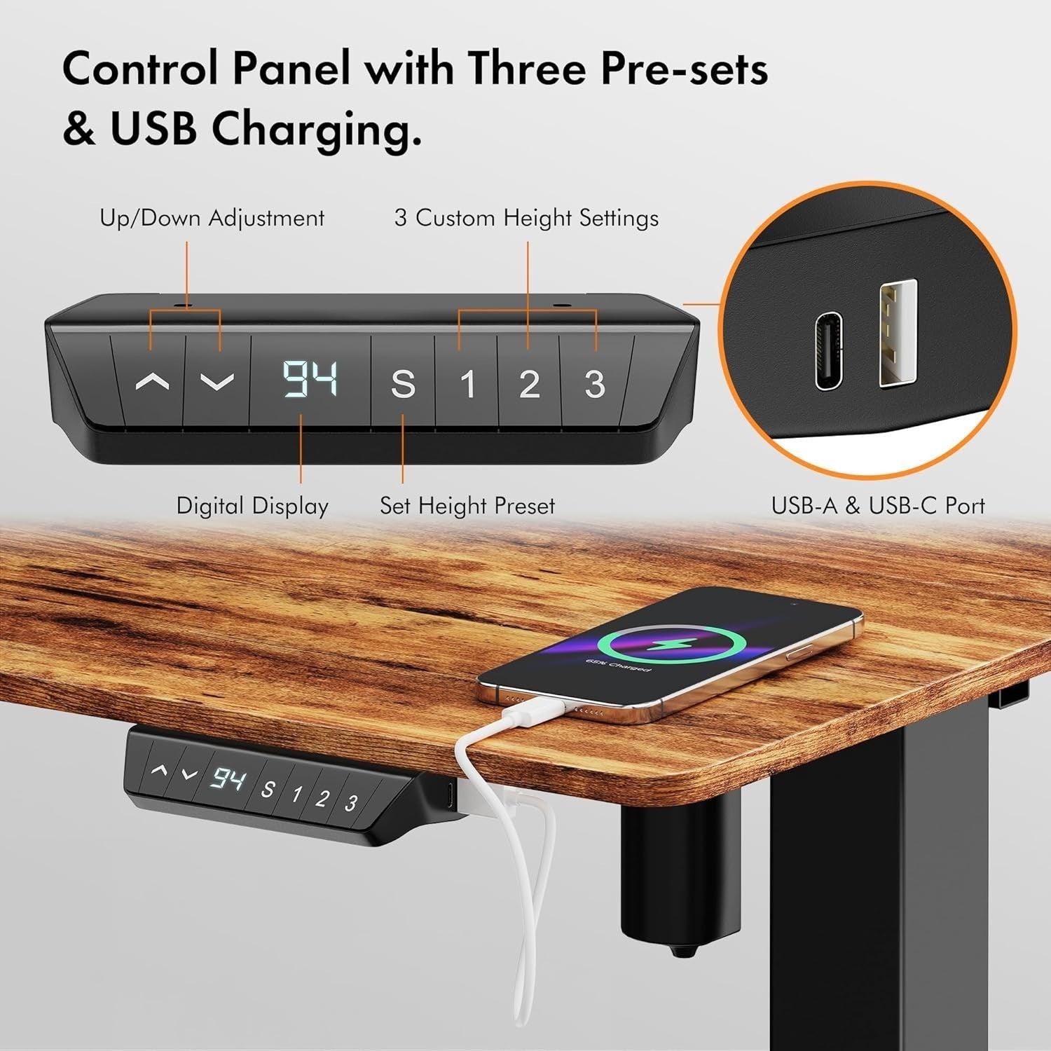 Rustic 120x60cm Electric Standing Desk with USB-C Charging & Memory Preset