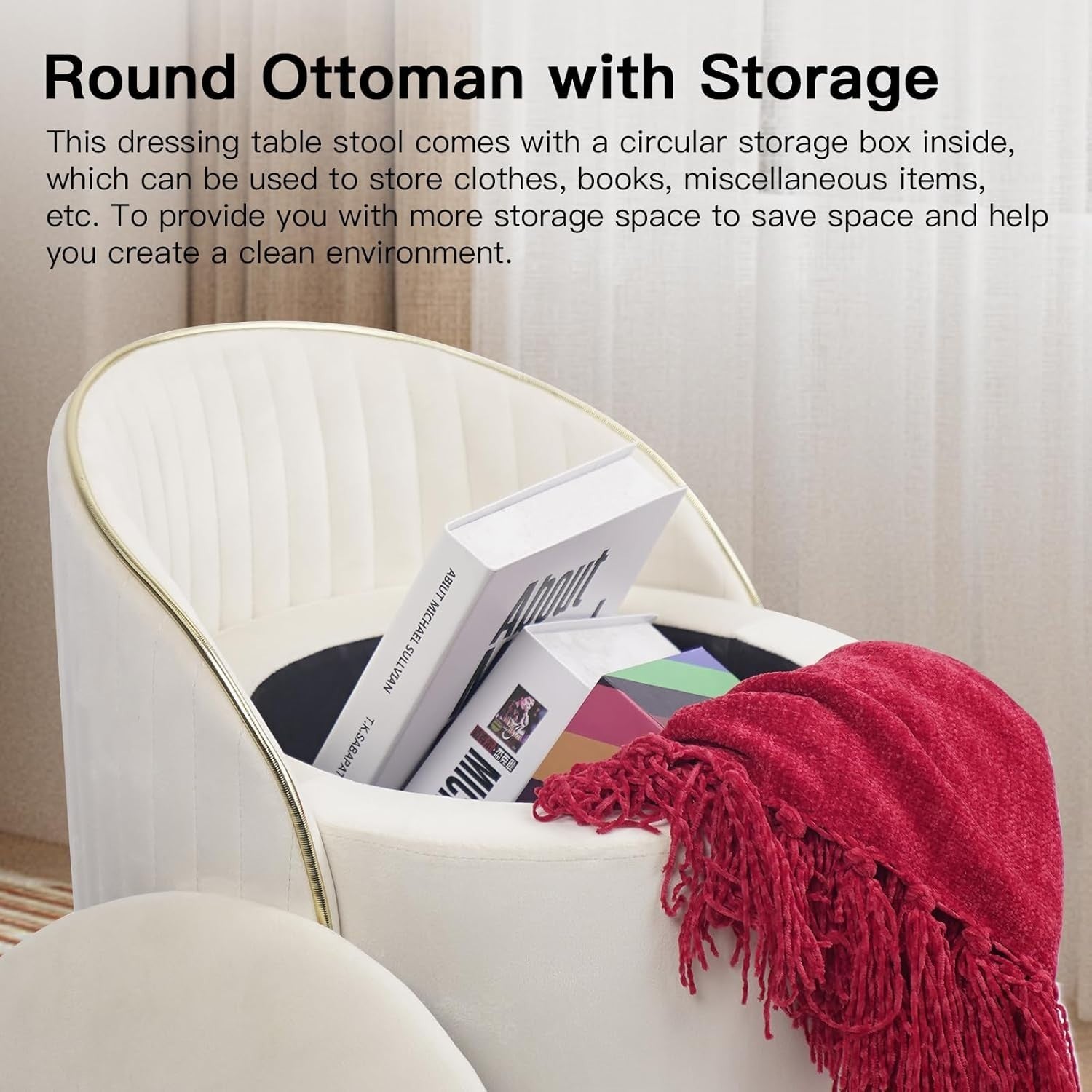Beige Velvet Round Storage Ottoman Swivel Stool with Backrest & Wheels