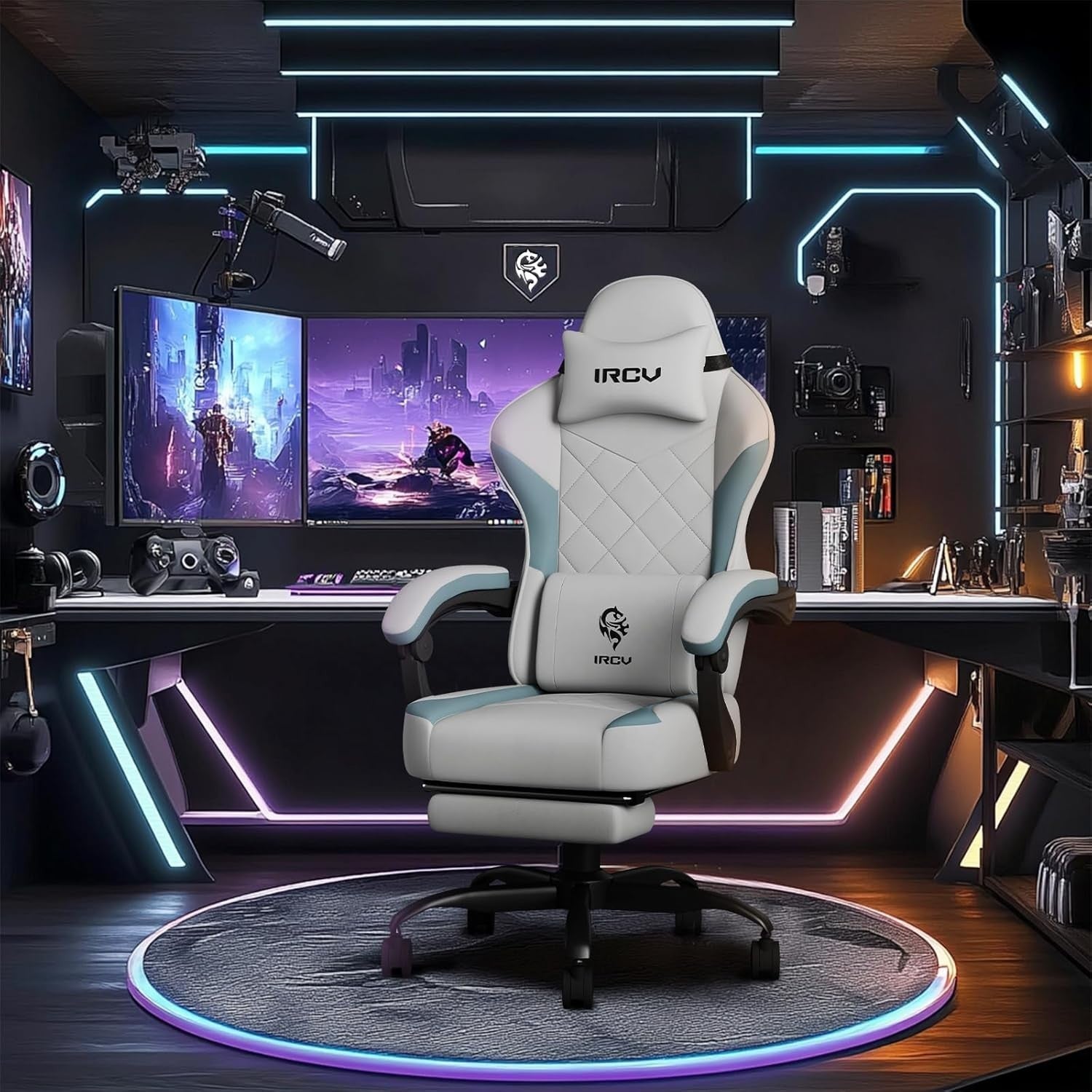 Gaming Chair Memory Foam Large Reclining Office Chair Ergonomic Footrest Grey