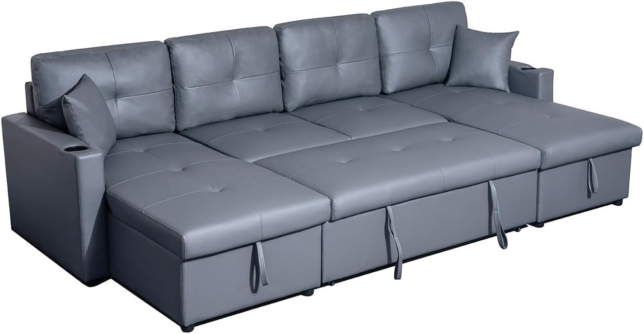 Grey U-Shaped 4 Seater Sofa Bed with Storage & Pull-Out Bed, Modern Design