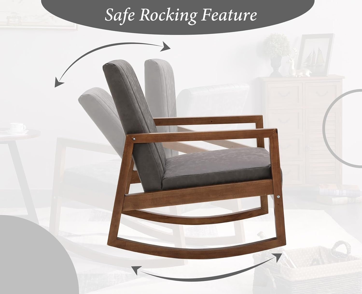 Comfortable PU Leather Rocking Chair with Wood Frame, Quilted Back