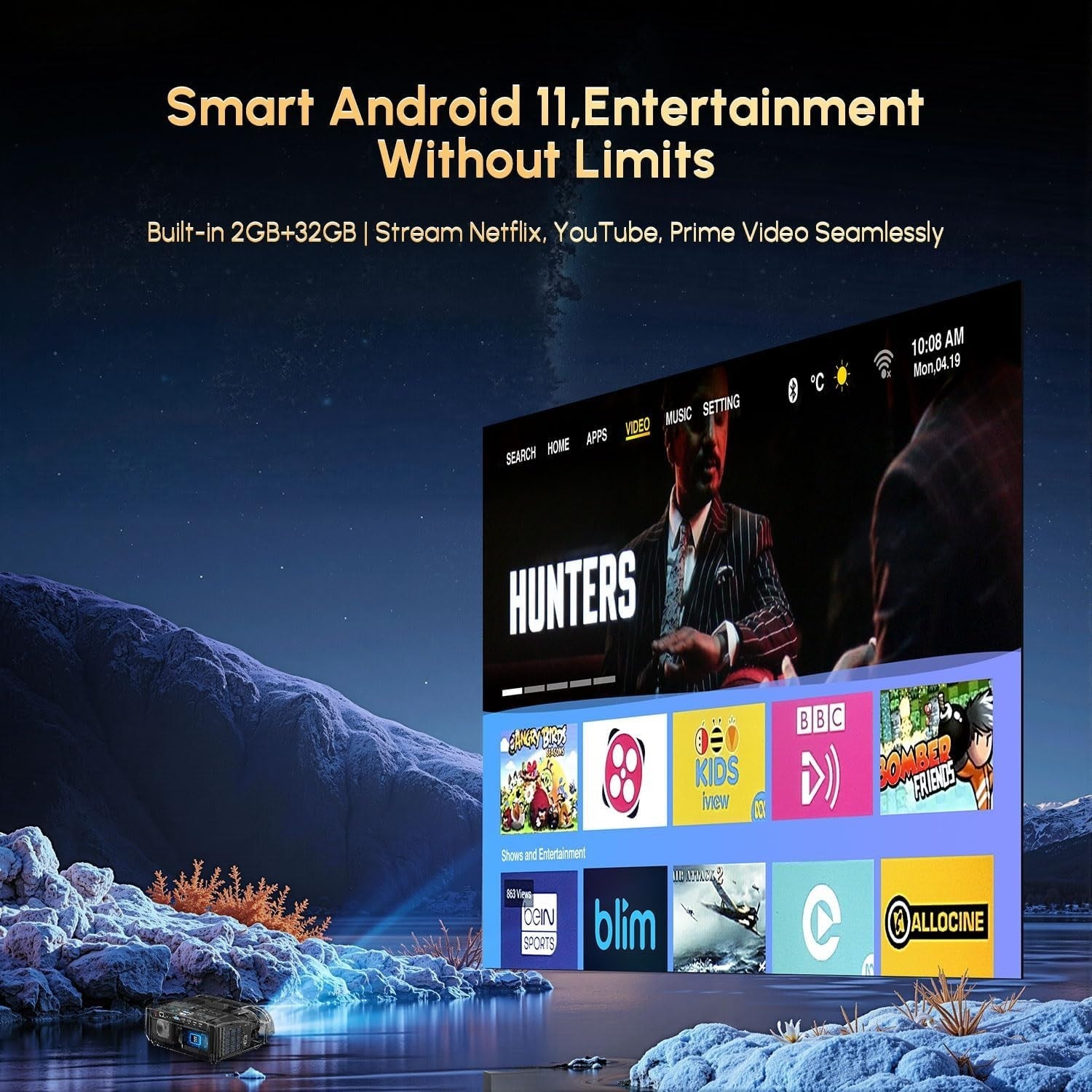 4K Home Theater Projector 1400 ANSI Lumens Smart WiFi Bluetooth 300"