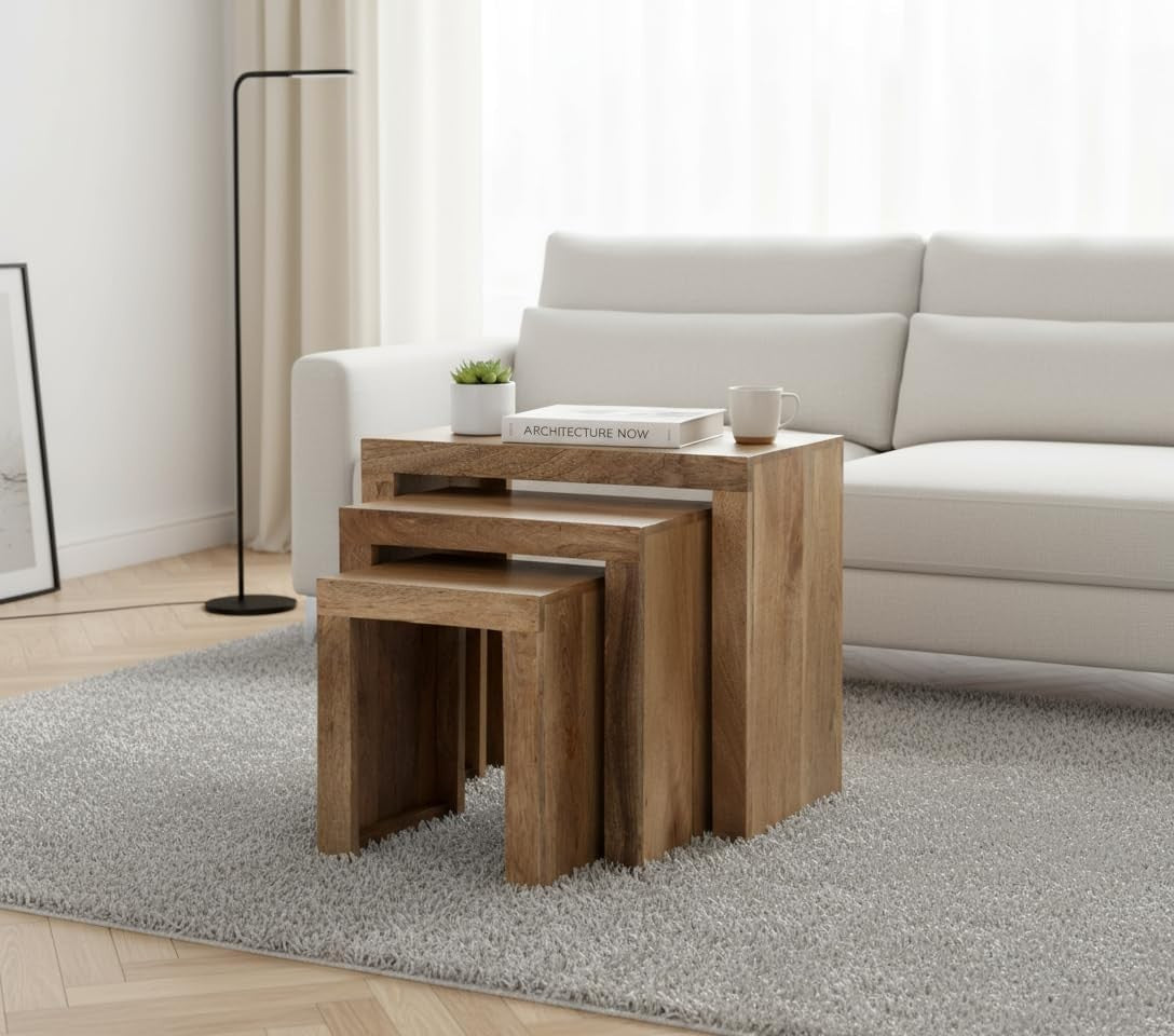 Space Saving Nesting End Tables Solid Mango Wood Set Compact Side Table New