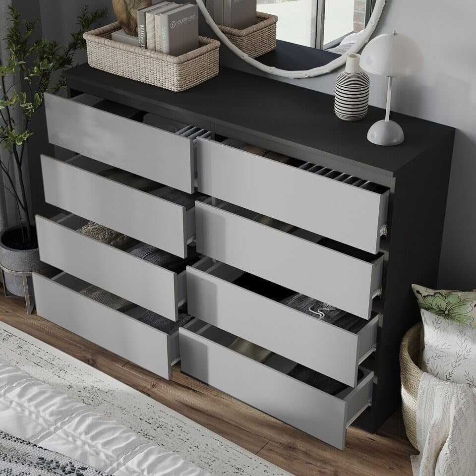 Modern 8 Drawer Chest Black Grey Storage Cabinet for Bedroom Office