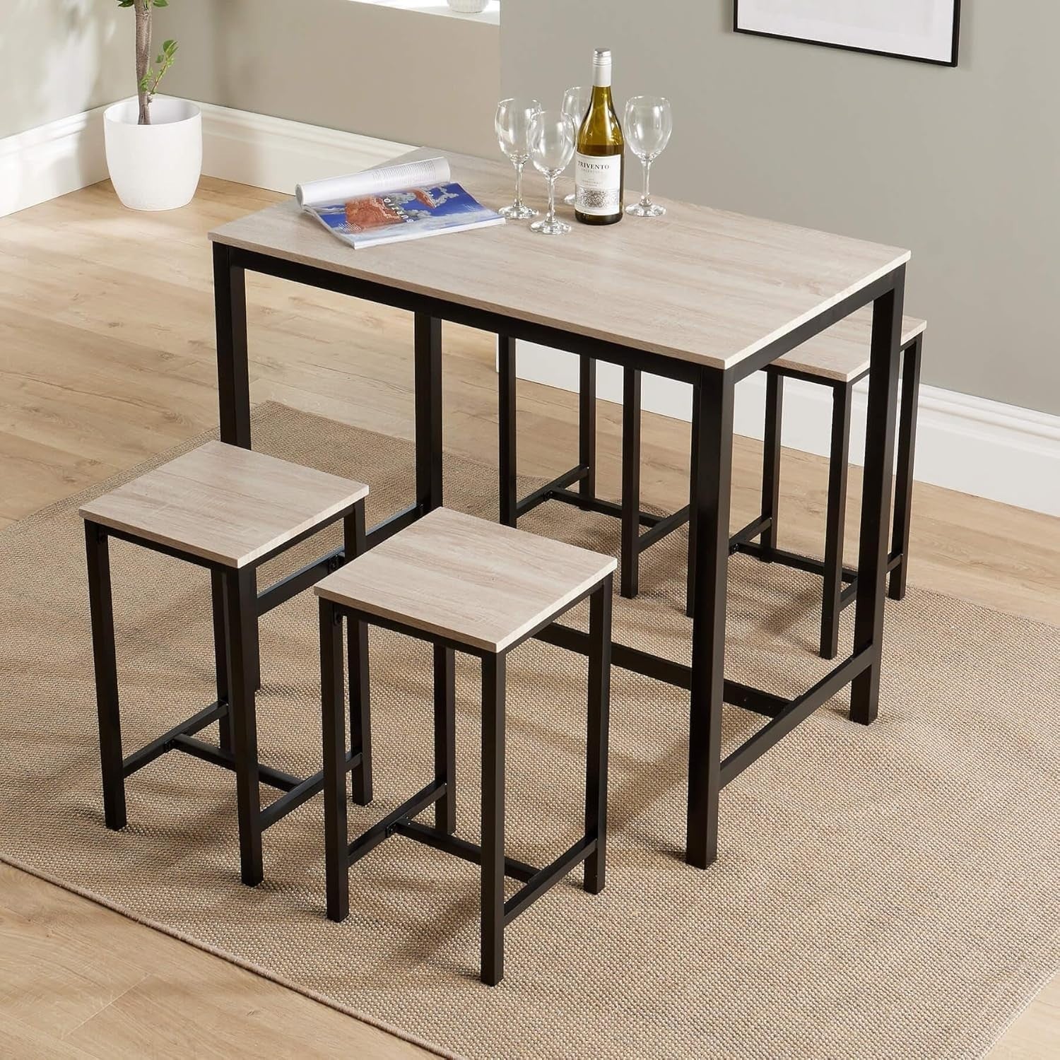 5-Piece Breakfast Bar Table & 4 Stools Set Industrial Oak Effect Dining Home