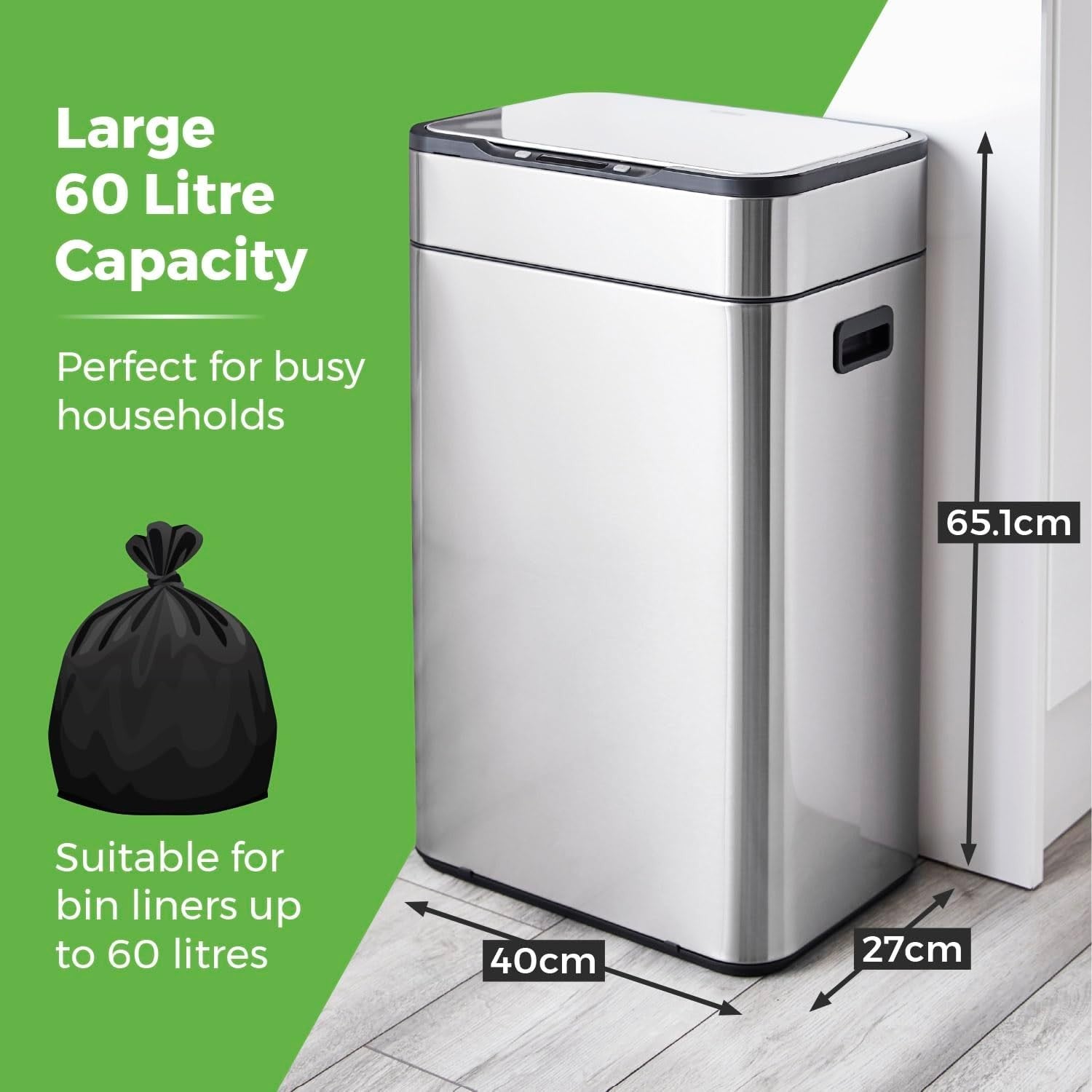 60L Touchless Kitchen Bin | Automatic Sensor Trash Can Stainless Steel