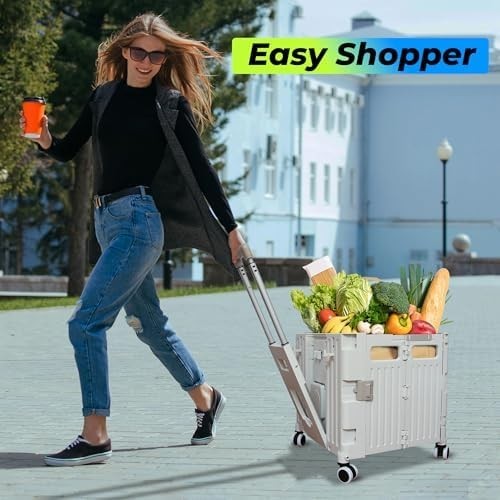 40KG Foldable Utility Trolley 65L Cart Lid Cup Holder 4 Wheels Grey