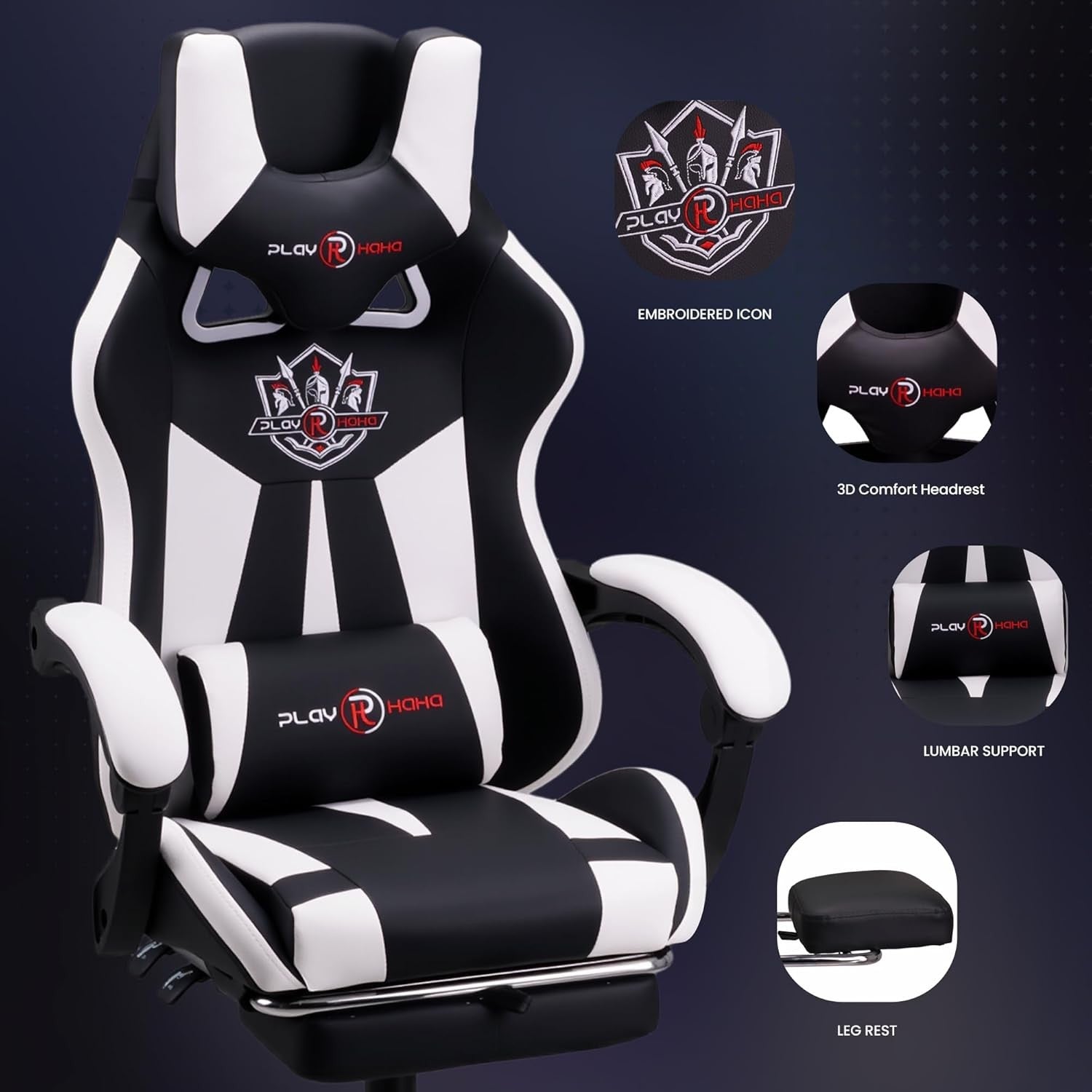 Reclining Gaming Chair with Footrest Ergonomic PU Leather White