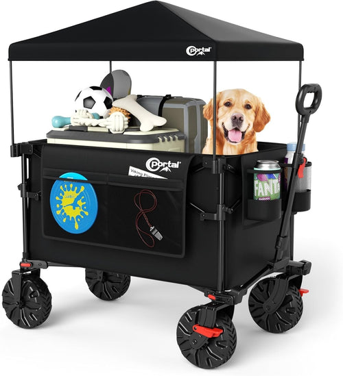 Black 350L Folding Beach Trolley XXL Wagon w/ Canopy Tailgate & Brakes