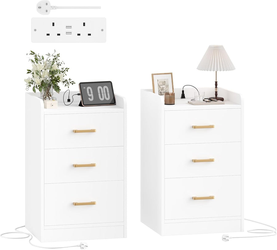 Set of 2 White Bedside Tables with Charging Station | 3 Drawer Nightstands