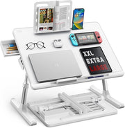 Adjustable Laptop Bed Tray Desk XL with Drawer Book Stand Foldable White