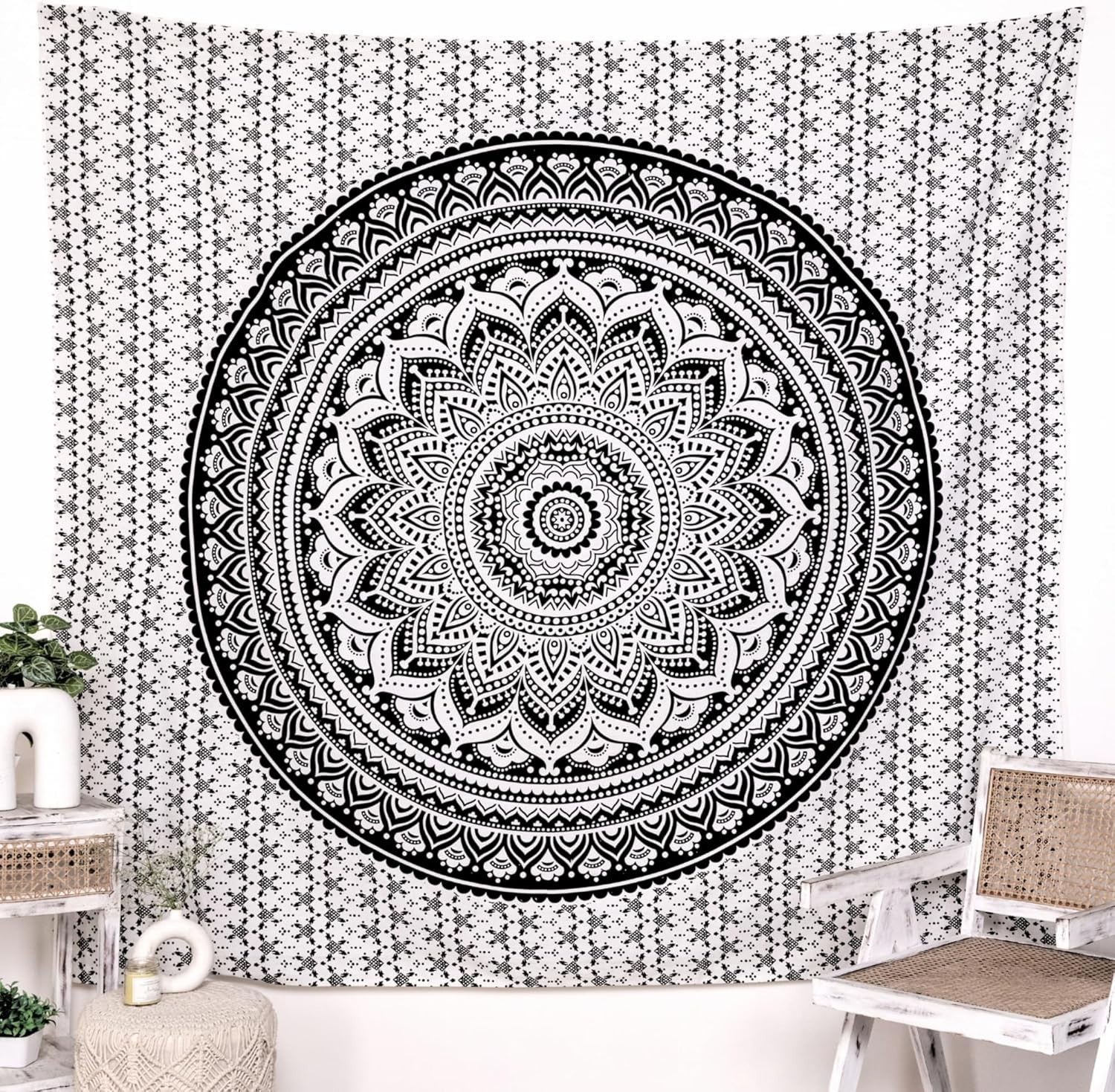Black Mandala Cotton Tapestry 213x230cm Boho Wall Hanging