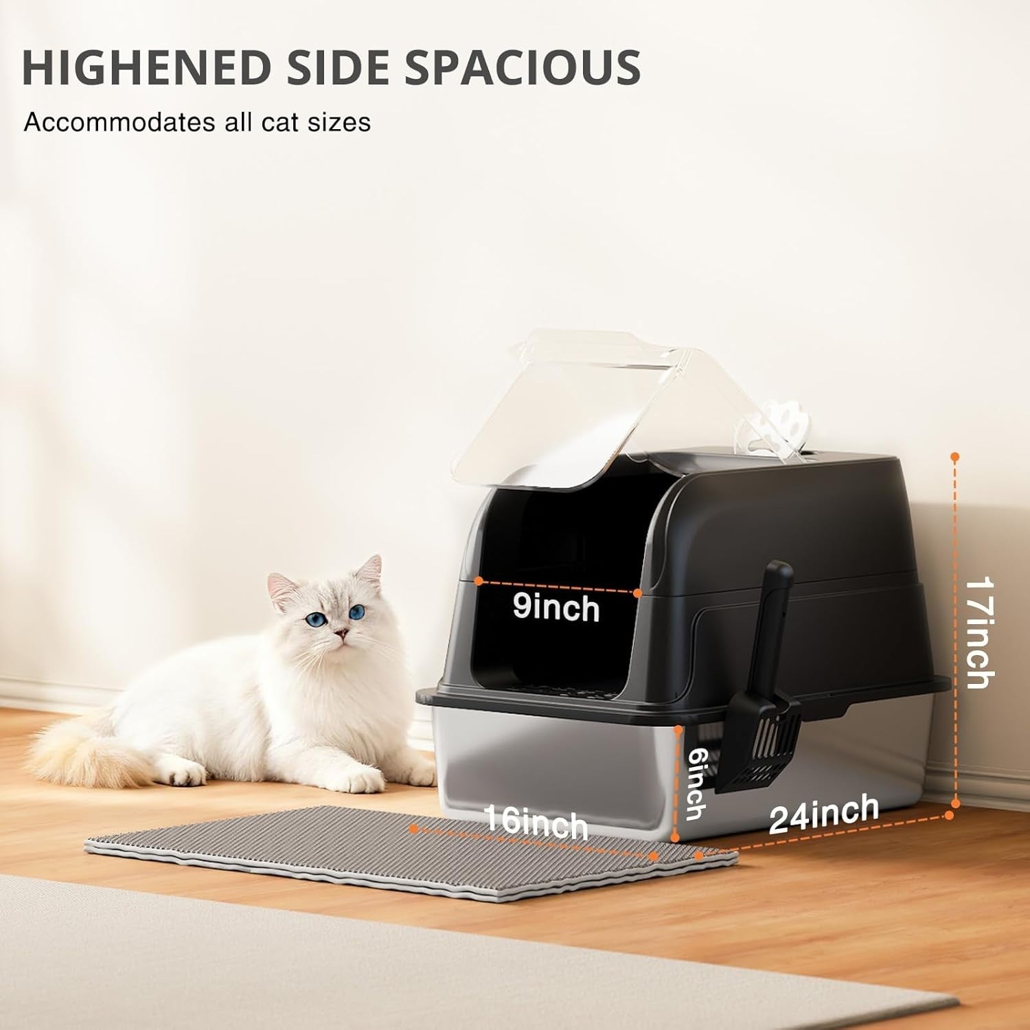 XL Stainless Steel Cat Litter Box Clear Lid High Sided Enclosed Tray