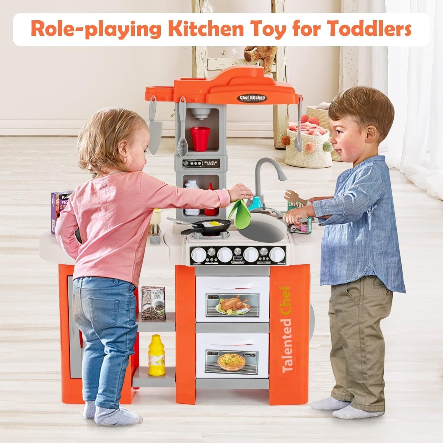 Kids Kitchen Playset w/ 67PCS Lights Sounds Steam Sink Orange