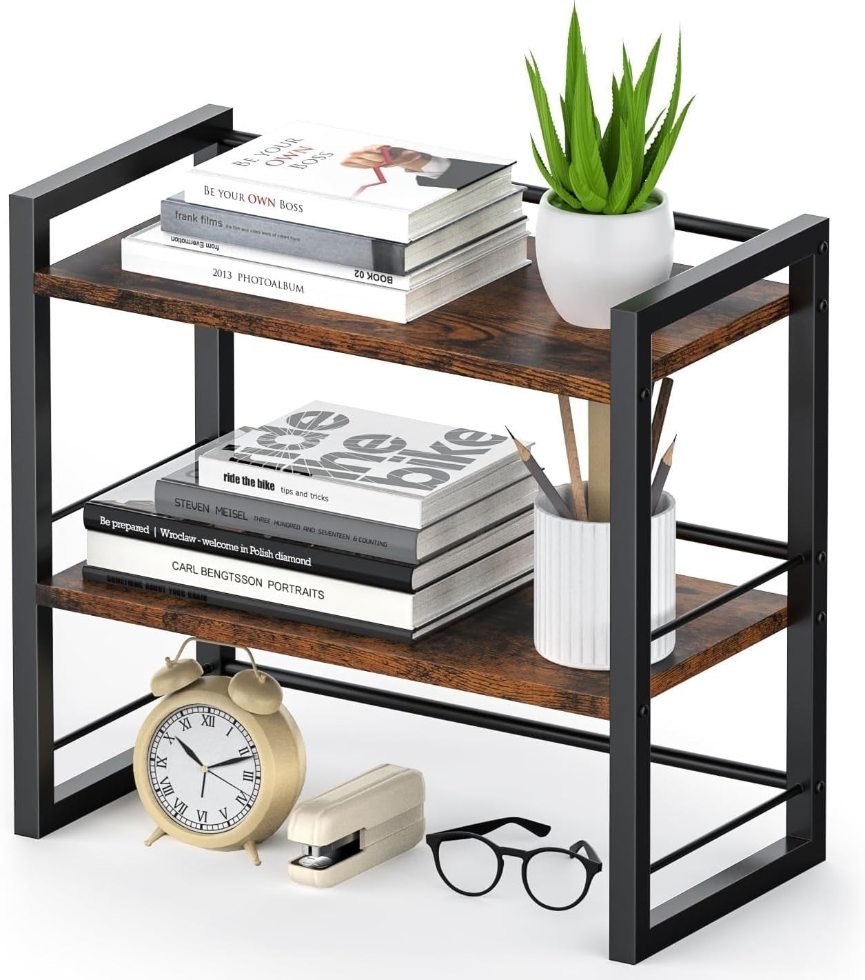 Wood Desk Shelf Organizer 2 Tier Desktop Storage Rack for Office Home Brown
