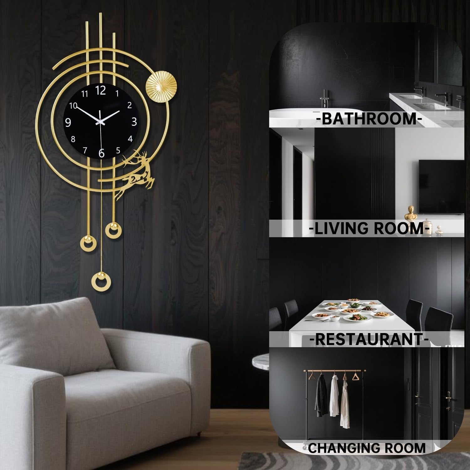 Luxury Gold Oversized Wall Clock Modern Silent Pendulum Design 31" Large Decor