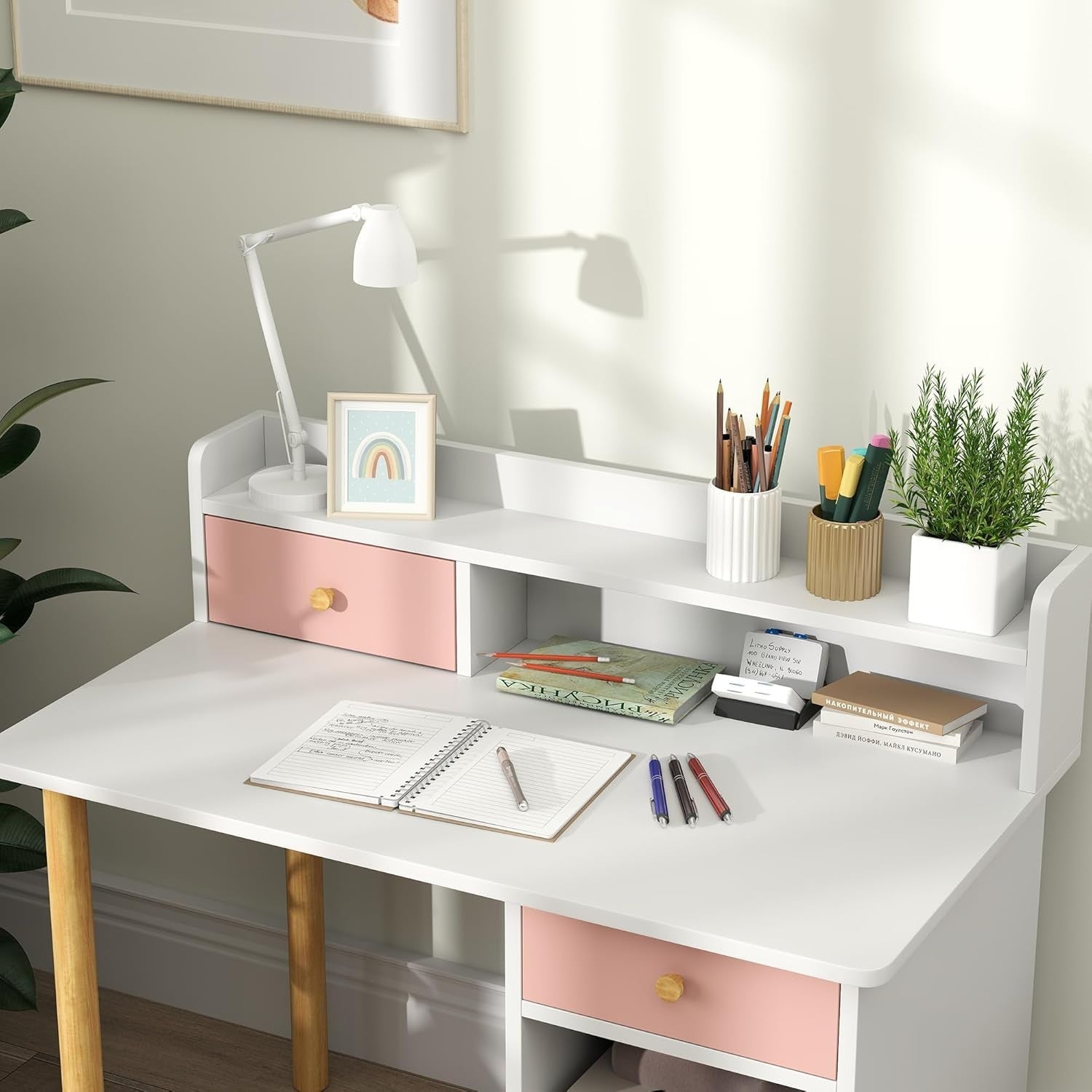 Kids Study Desk & Chair Set with Hutch, Storage Drawers, Pink for Ages 3-8