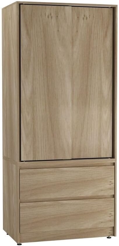 2-Door 2-Drawer Sliding Wardrobe with Hanging Rail & Adjustable Feet, Oak
