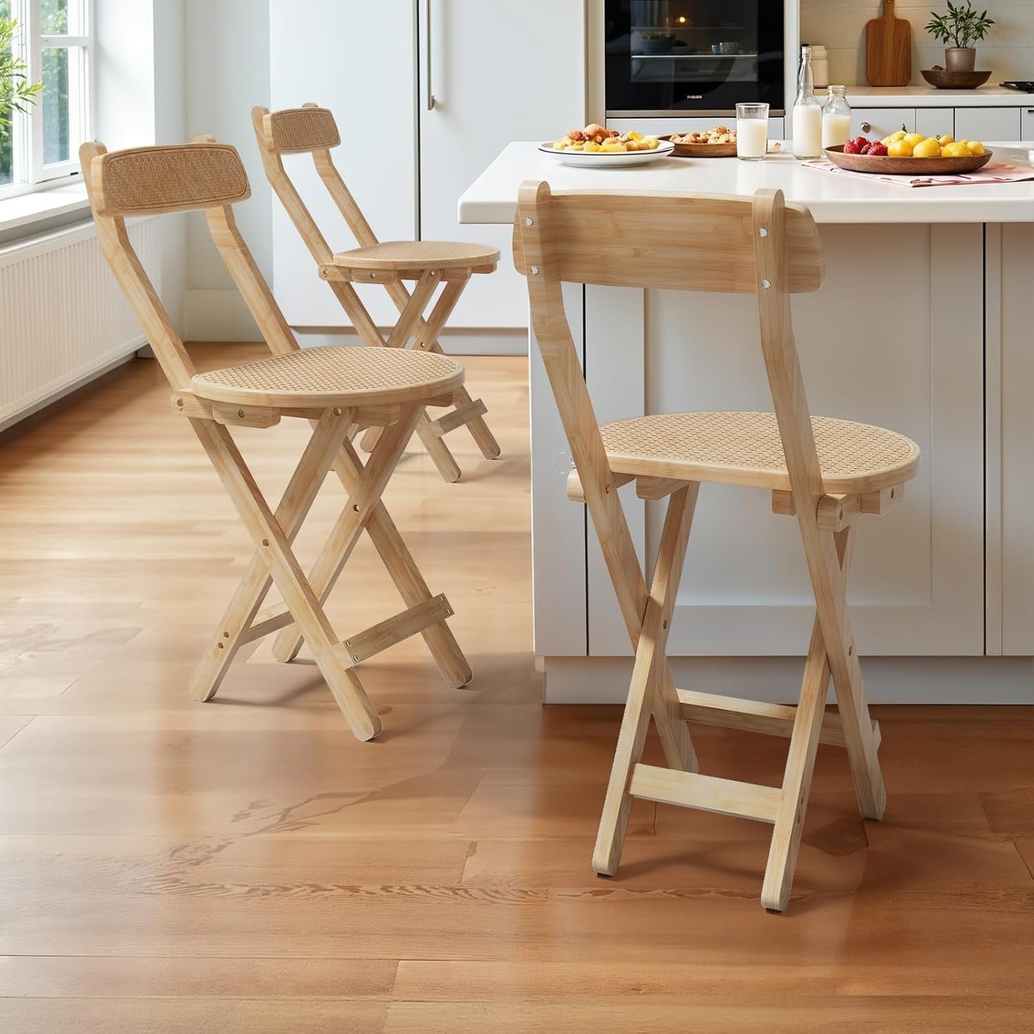 Set of 2 Folding Wooden Rattan Dining Chairs Space Saving Farmhouse Style