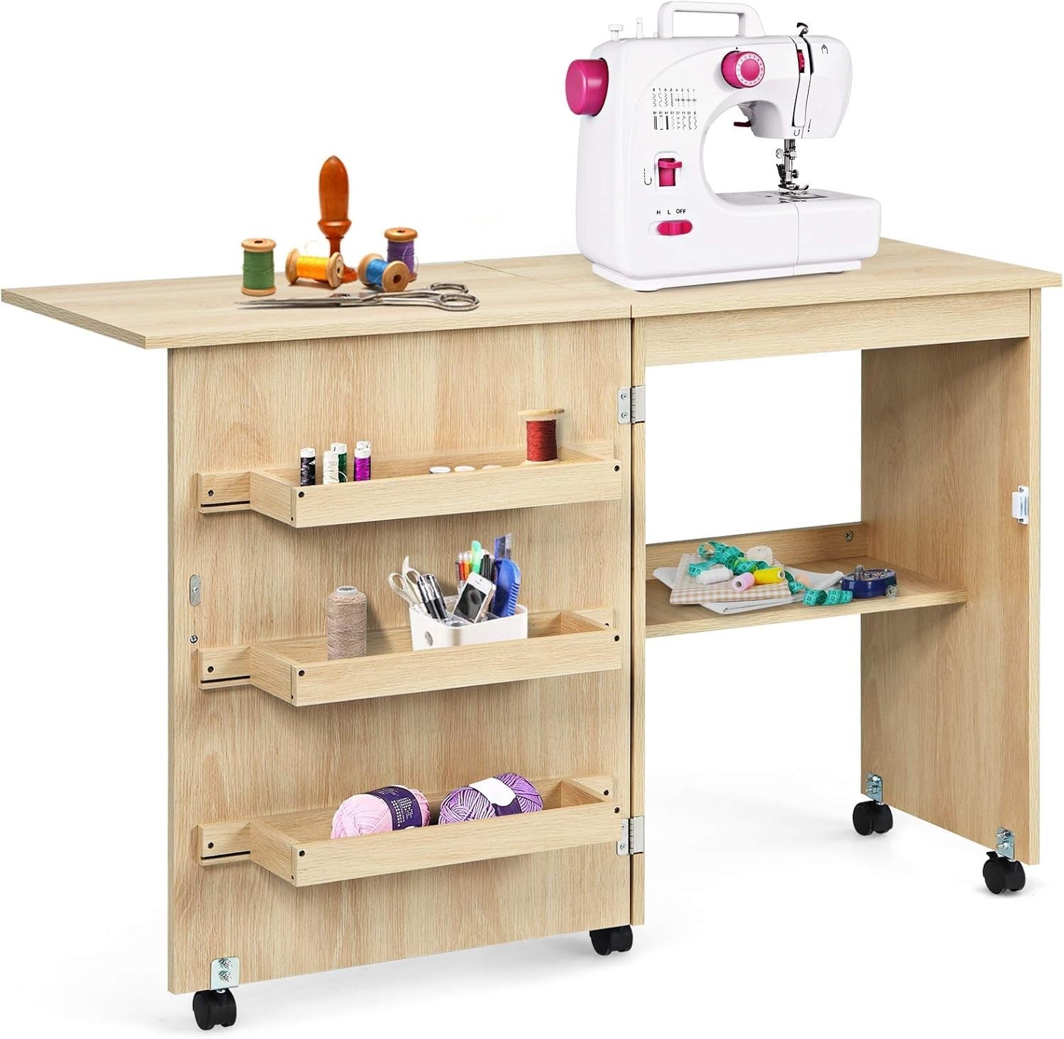 Folding Sewing Table 117cm Mobile Craft Desk with Shelves & Wheels Beige