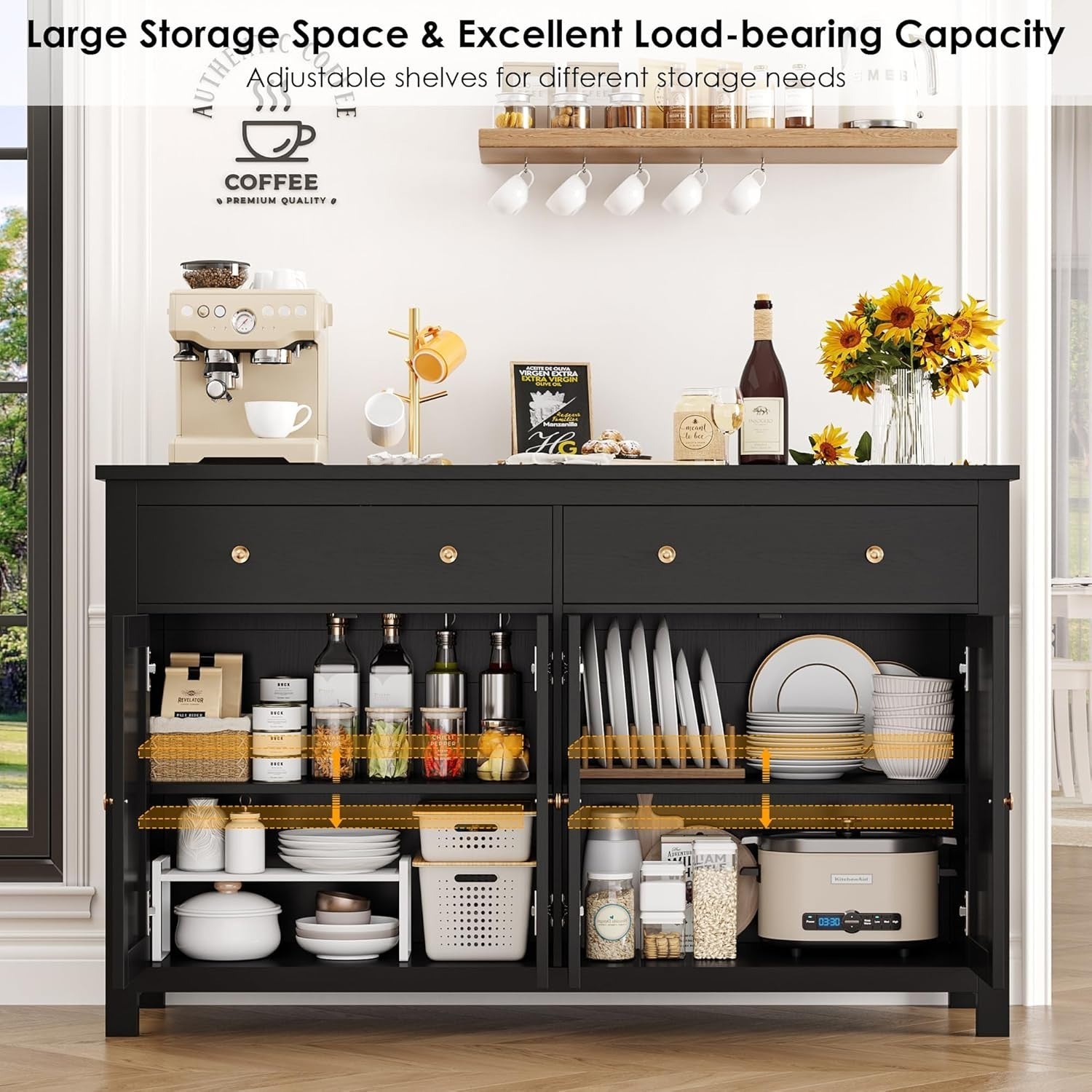 Black  Kitchen Sideboard Cabinet 3 Doors 2 Drawers Adjustable Shelves Large
