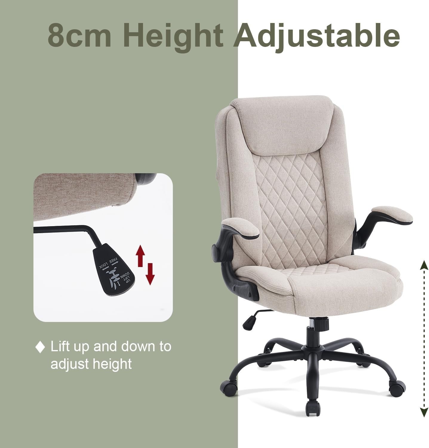 Ergonomic Office Chair Large Open Back Swivel Fabric Seat Adjustable Cream
