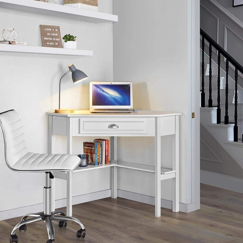 White Corner Desk 106cm L-Shaped Table with Drawer & Shelves for Small Room