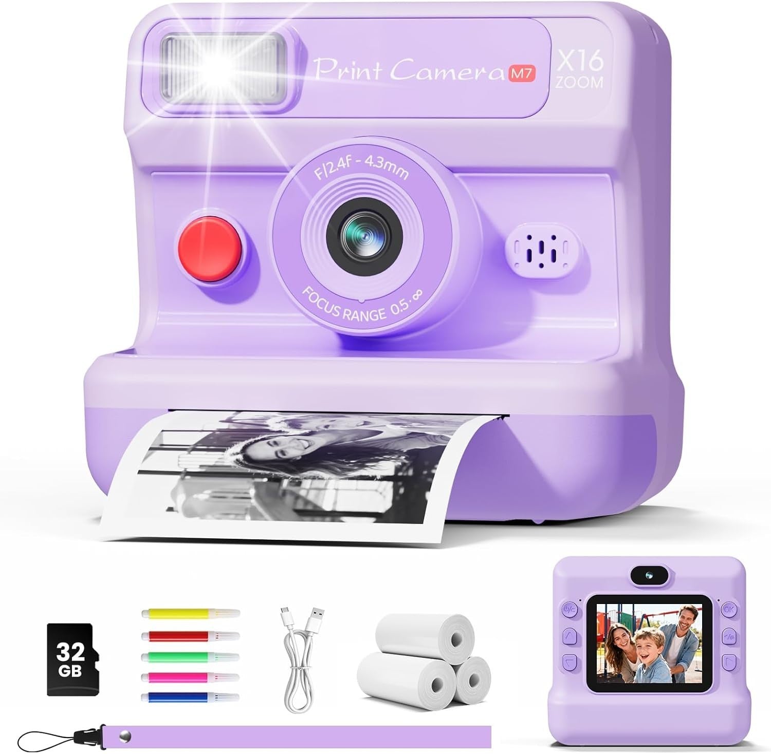 Kids Instant Print Camera 1080P HD Selfie Camera 32GB Card Toy Gift
