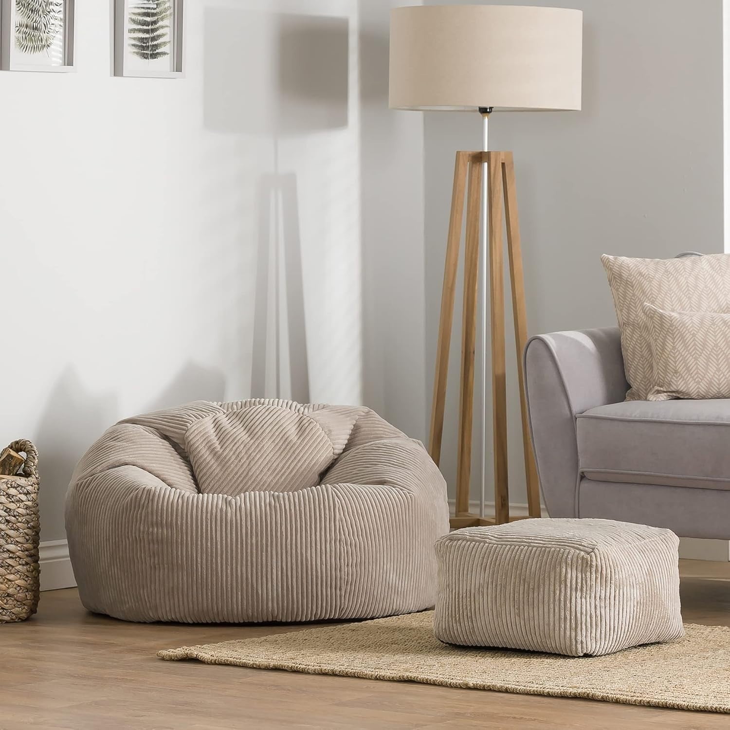 Corded Bean Bag Chair & Footstool - Comfortable, Durable, Versatile - Stone