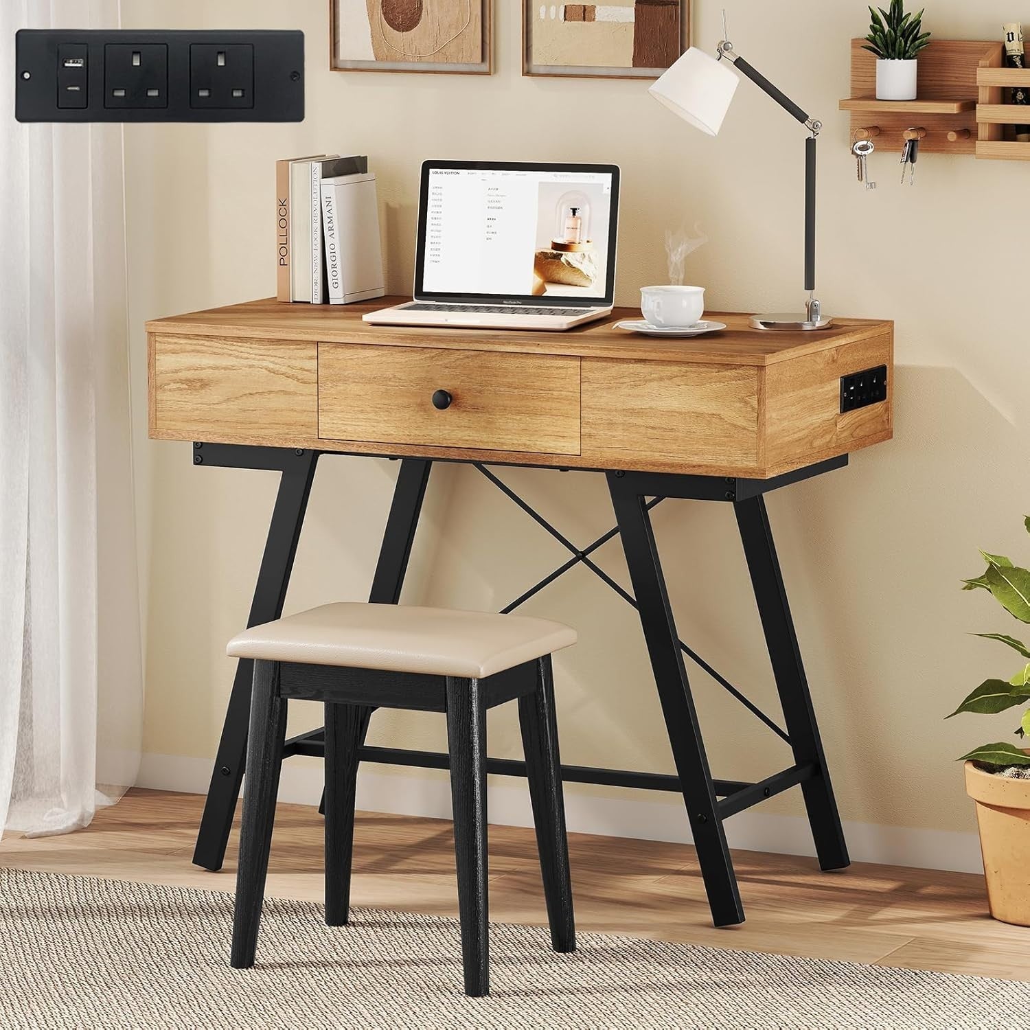 Flip Top Vanity Table Desk w/Mirror & Charging Station Rustic Wood Black