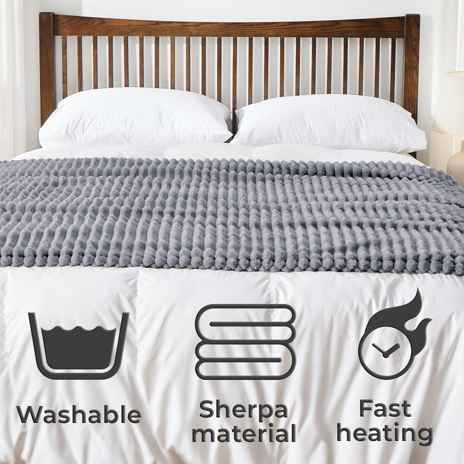 Electric Heated Blanket Throw Fleece Grey Overblanket Timer Washable