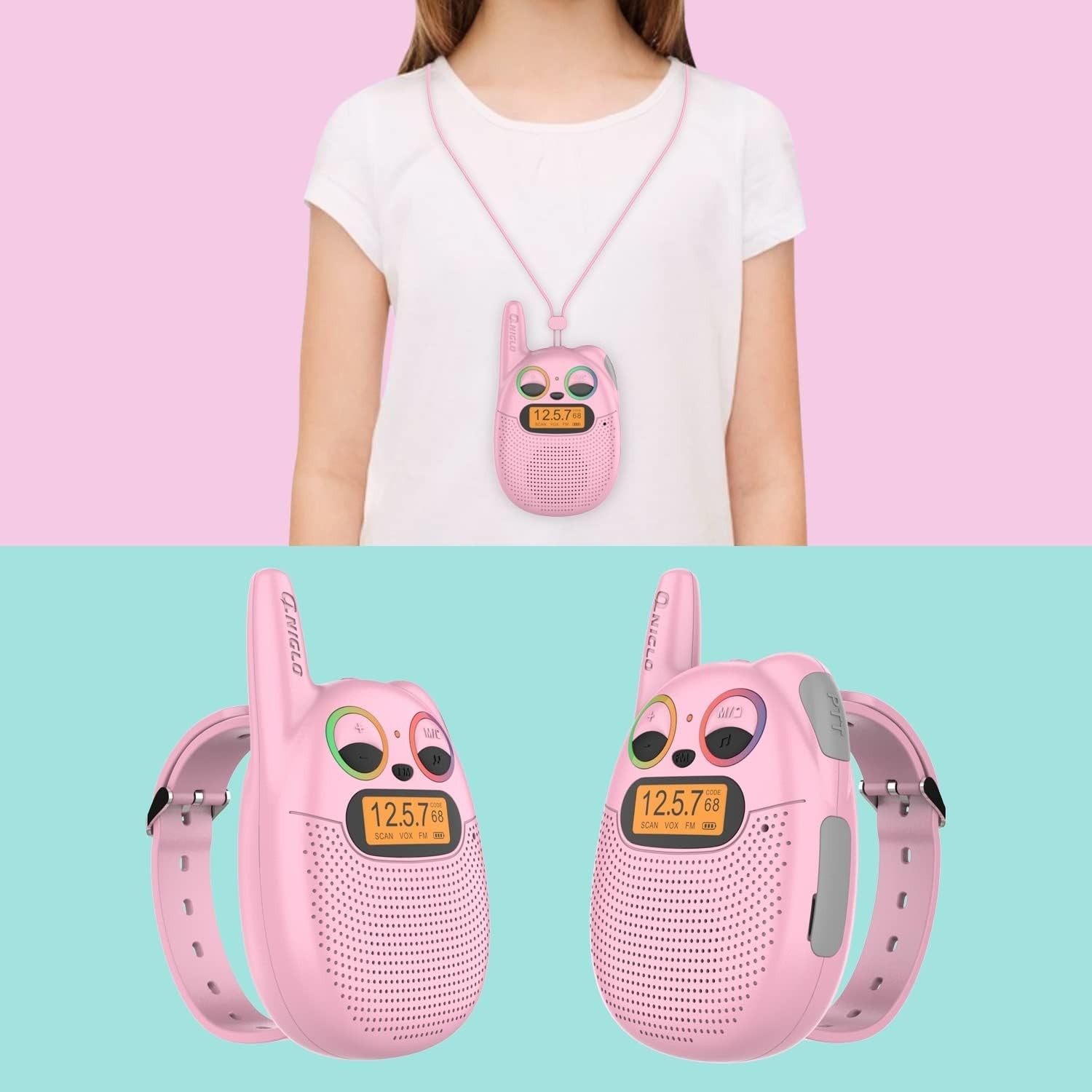 Kids Rechargeable Walkie Talkies Pink Watch Style FM Radio LED Lights