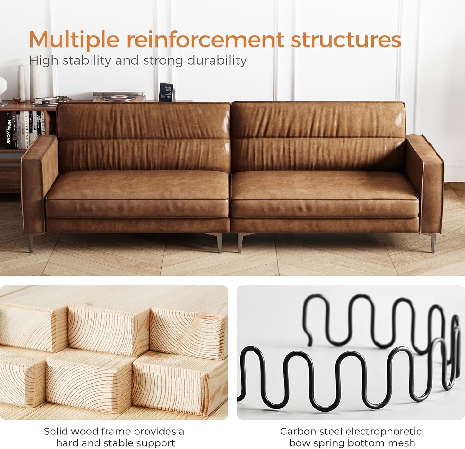 Luxury Brown Leather Sofa 3 Seater Modern Chesterfield Metal Legs 220cm