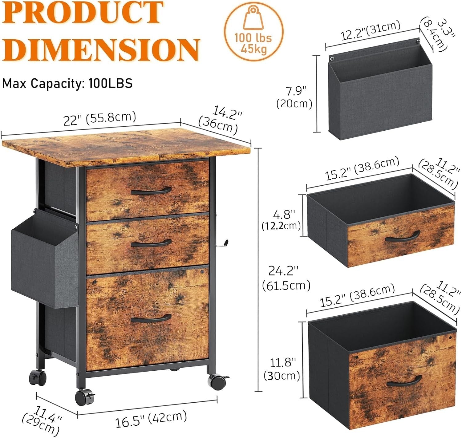 Rustic Mobile File Cabinet 3 Drawer Fabric Rolling Printer Stand