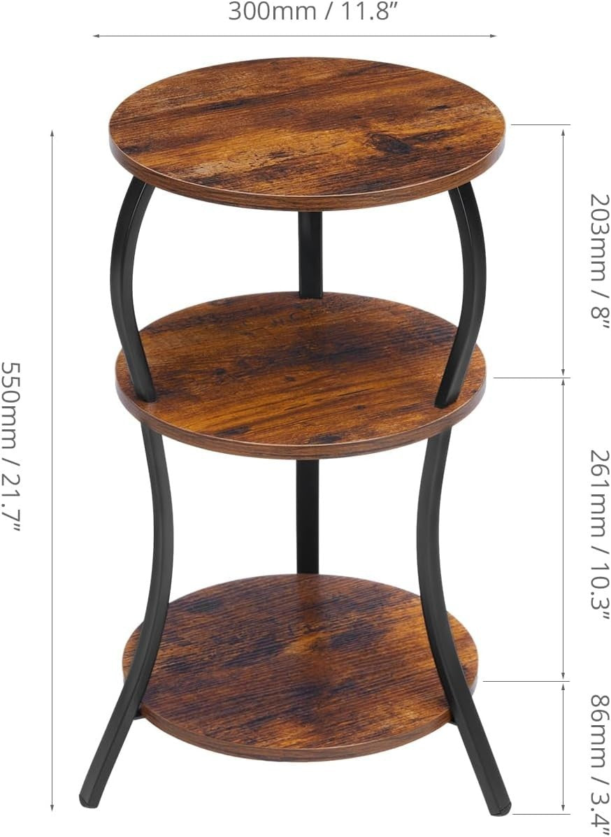 Brown 3-Tier Round Side Table 30x30x55 cm | Slim End Table w/ Storage