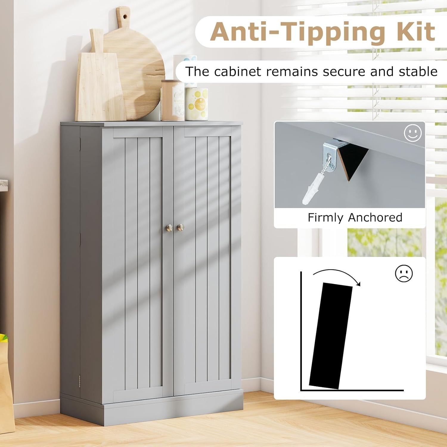 Compact Grey Pantry Cabinet with 2 Doors and 17 Storage Shelves