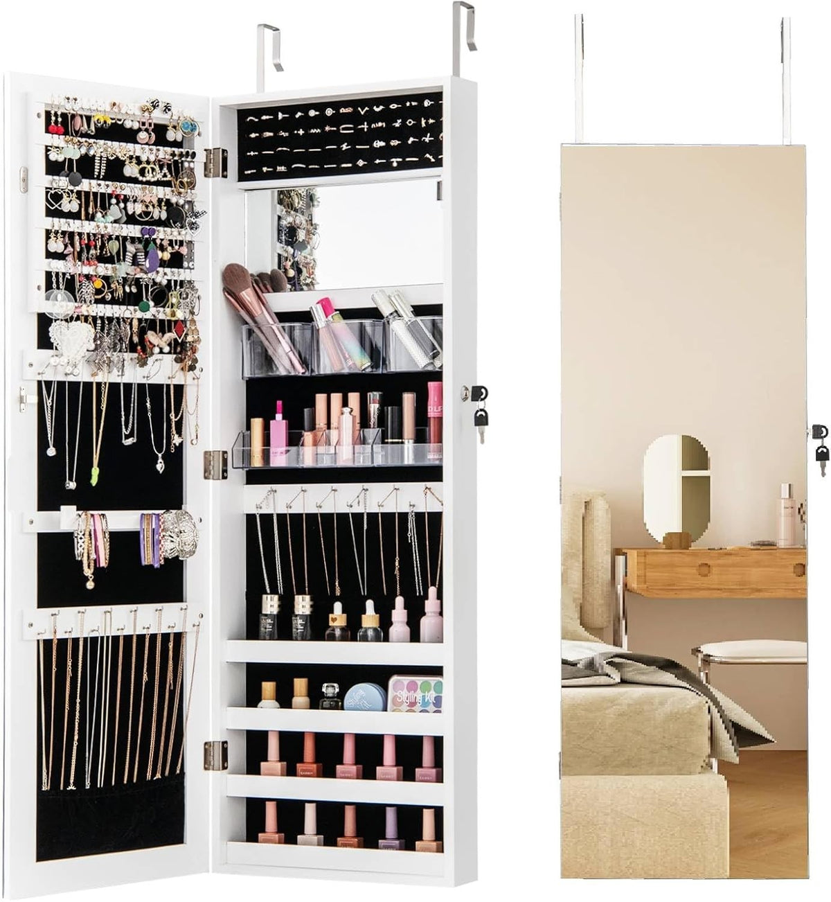 White Mirrored Jewelry Cabinet Wall Mounted Lockable Slim Storage Organizer