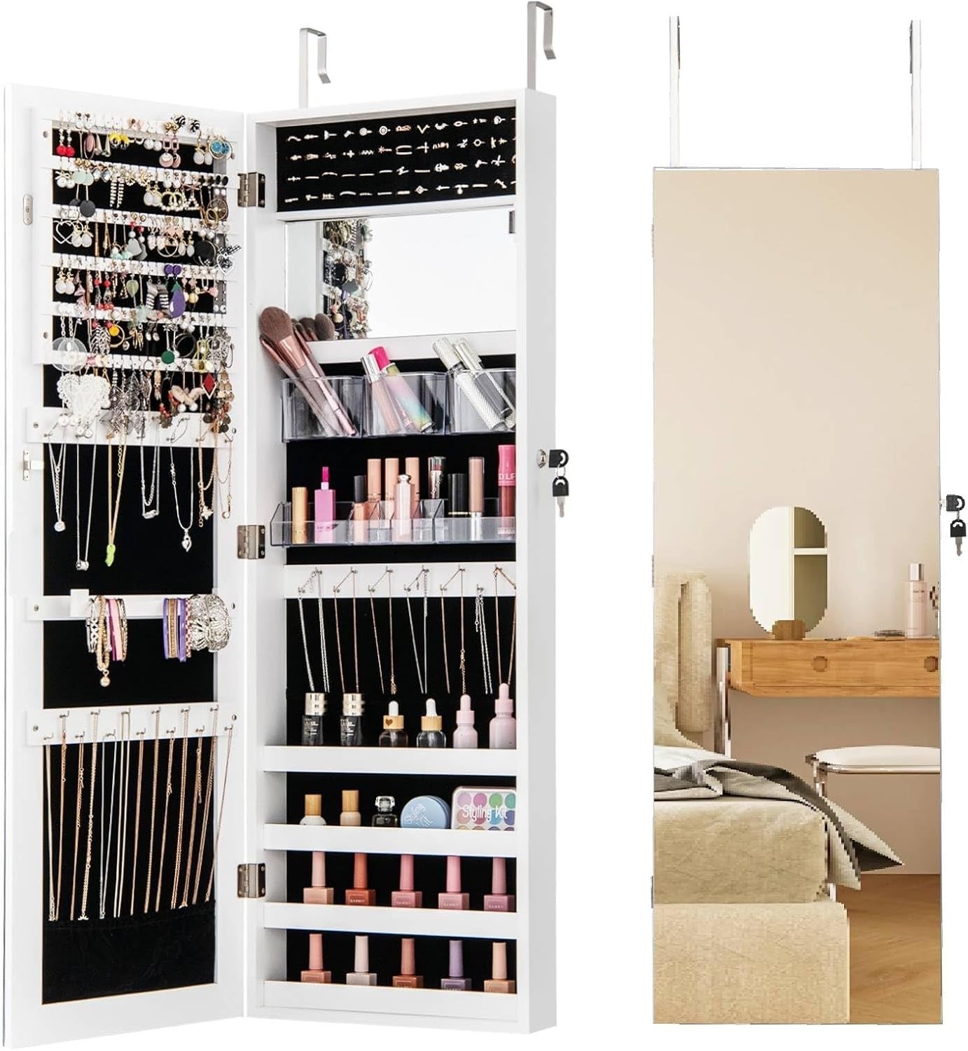 White Mirrored Jewelry Cabinet Wall Mounted Lockable Slim Storage Organizer