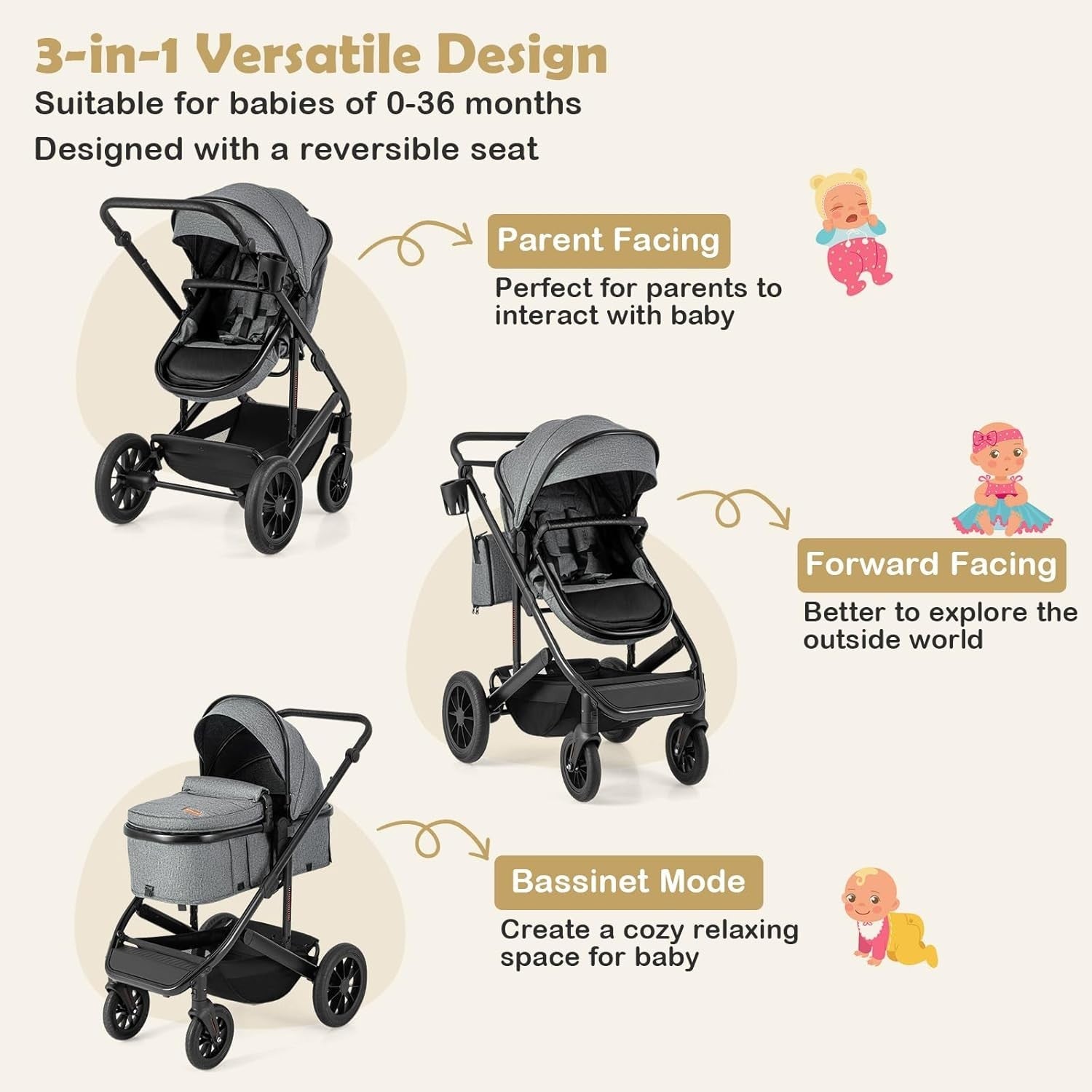 3in1 Baby Stroller Travel System Foldable Pushchair Reversible Seat Grey
