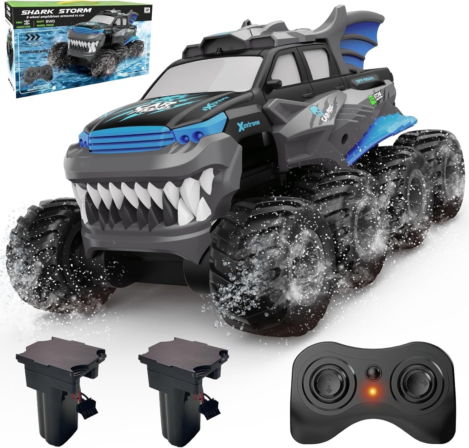 8WD Amphibious RC Monster Truck – Waterproof Off-Road Car w/ 2 Batteries, Blue