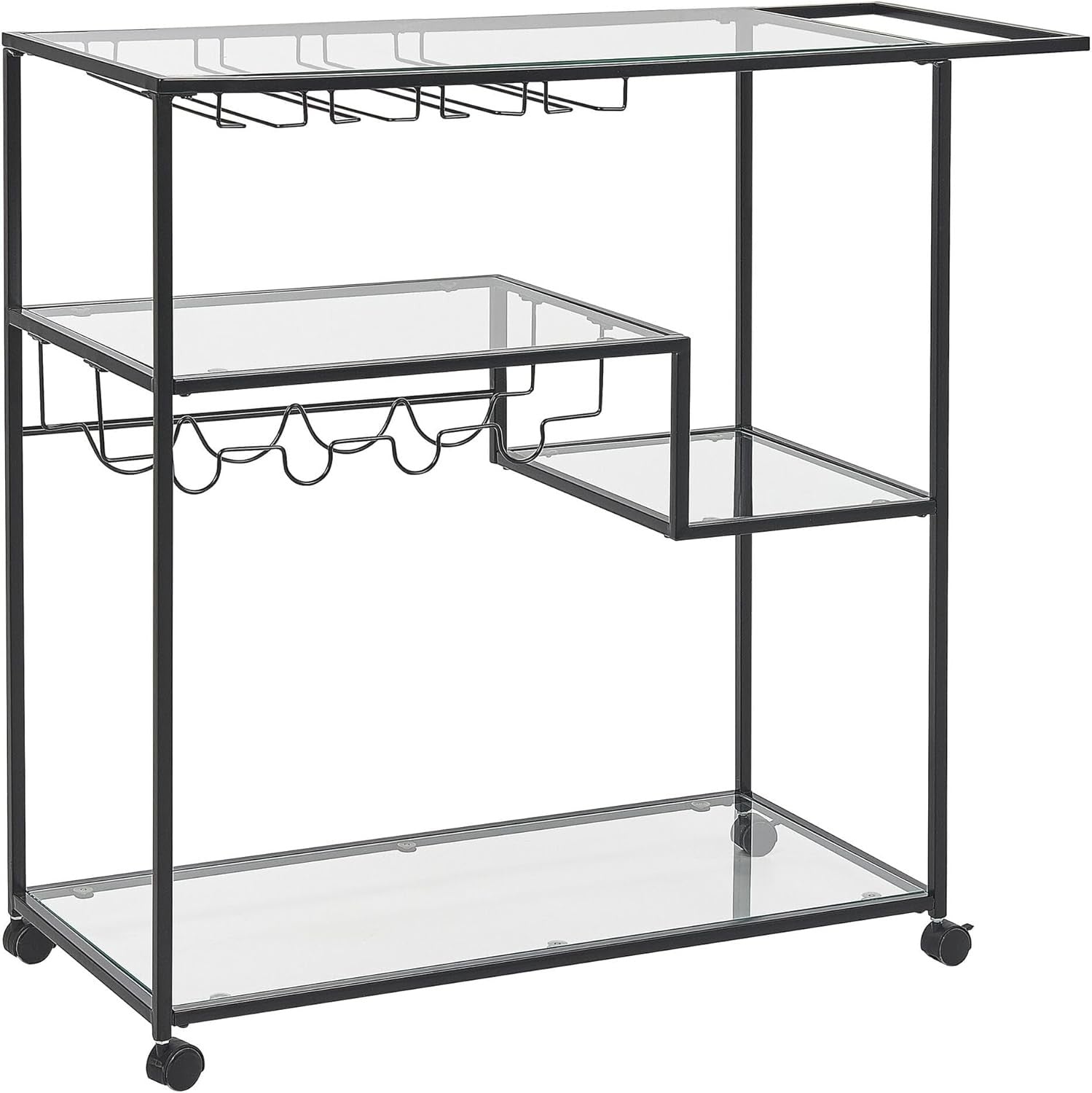 Industrial Kitchen Trolley on Wheels Glass Shelves Bottle Rack Serving Cart