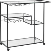 Industrial Kitchen Trolley on Wheels Glass Shelves Bottle Rack Serving Cart