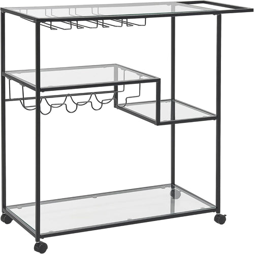 Industrial Kitchen Trolley on Wheels Glass Shelves Bottle Rack Serving Cart