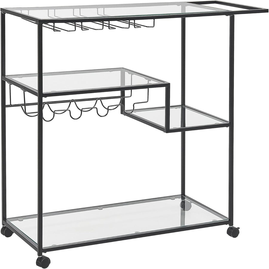 Industrial Kitchen Trolley on Wheels Glass Shelves Bottle Rack Serving Cart