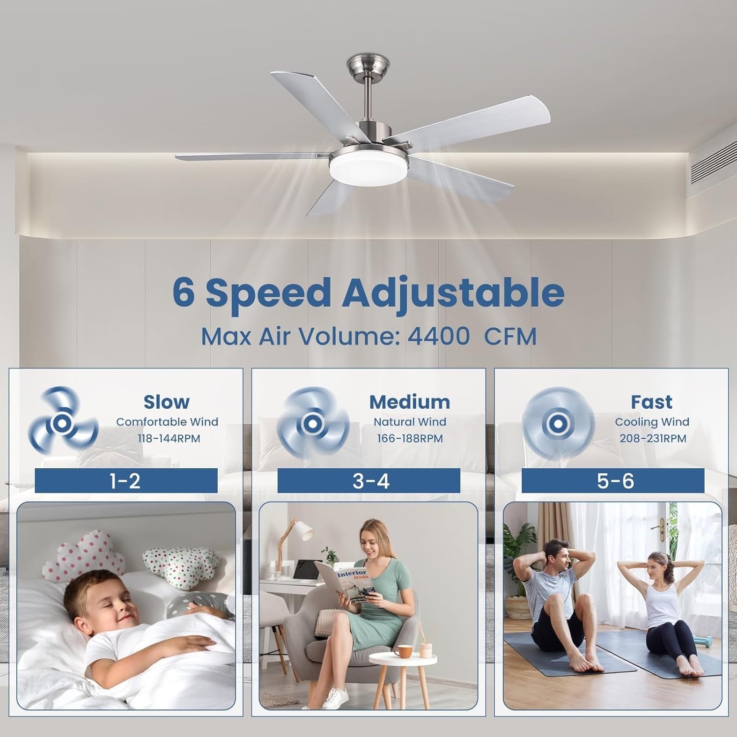 42" Silver Ceiling Fan, 6-Speed LED, Dimmable, Remote, Bedroom LR