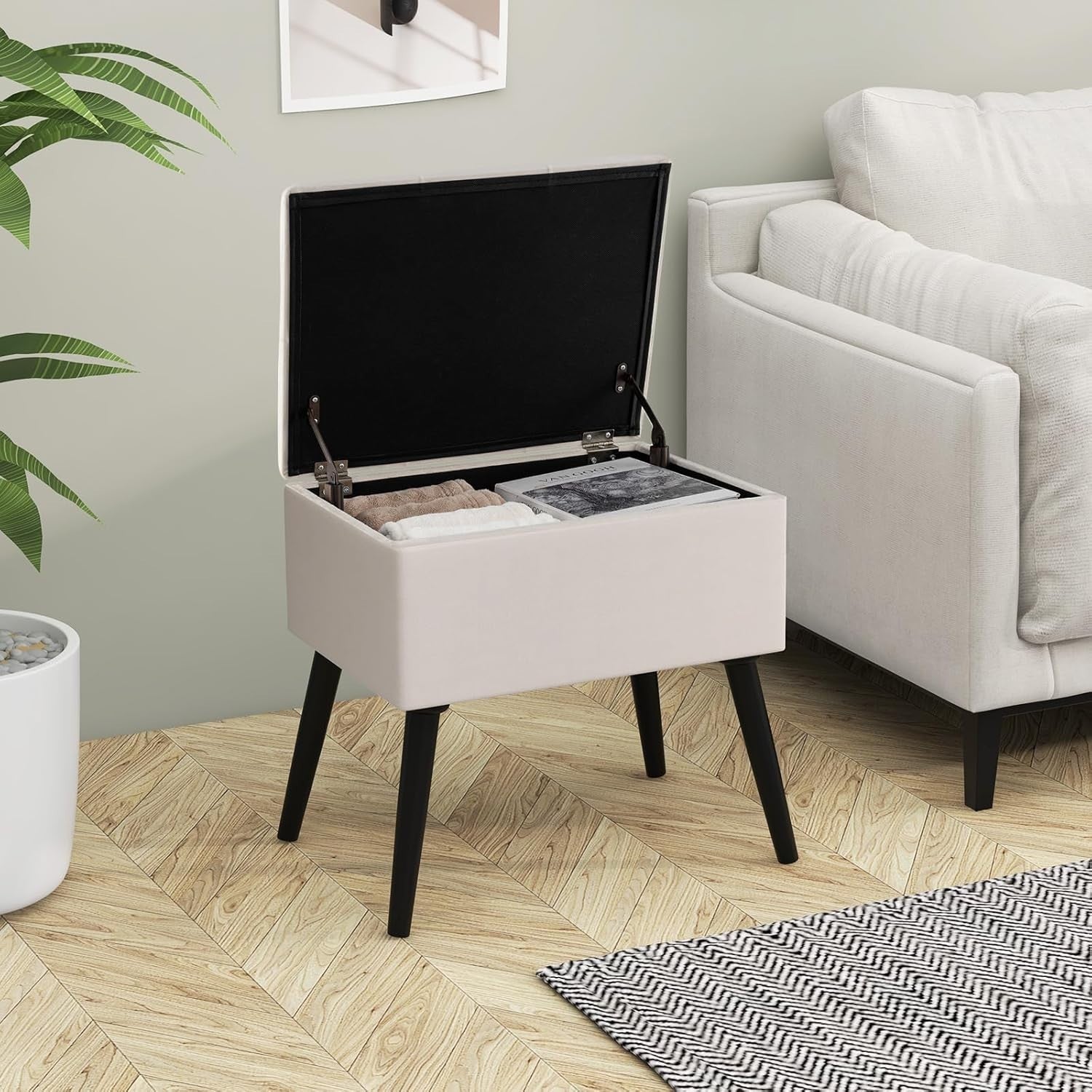 Beige Velvet Flip-Top Footstool Storage Ottoman Vanity Seat w/ Solid Wood Legs